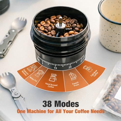 2-in-1 Portable Electric Burr Coffee Grinder - Grind & Brew, 38 Adjustable Settings, Ceramic Alloy Burrs, Rechargeable, with Cups, Filter & Lid for Home, Travel & Camping