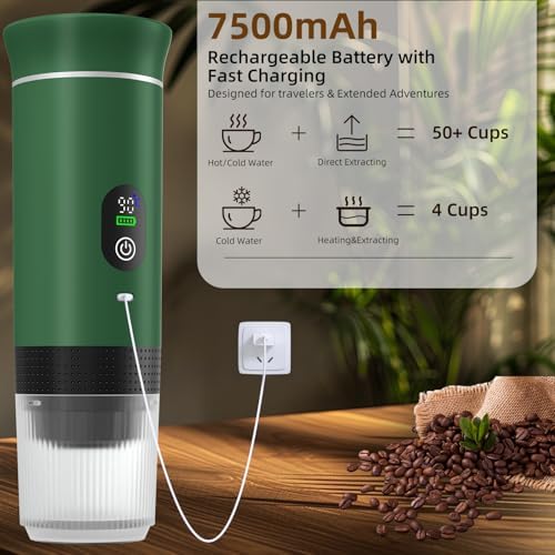 Portable Coffee Maker for Travel & Camping, Portable Espresso Maker with Bag, Rechargeable Cordless Battery Operated Coffee Makers for Ground Coffee, NS Capsule RV, Hiking, Office(Green)
