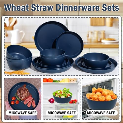 EjonirInjonir 12pcs Unbreakable Blue Dishes Set for Camping, Wheat Straw