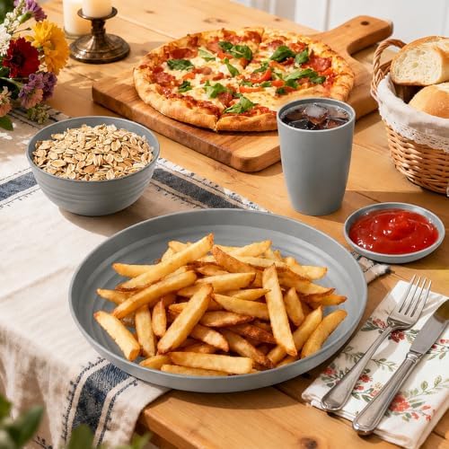Kids Wheat Straw Dinnerware Sets for 4, 16 Piece Unbreakable Dinnerware Set, Kids Plates and Bowls Sets, Kitchen Plates and Bowls Set, Lightweight Dish Set for Party, Camping,RV - Grey
