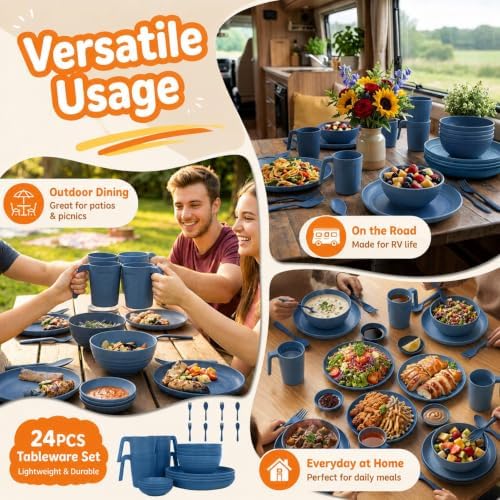 Wrova 24PCS Wheat Straw Dinnerware Sets, Unbreakable Blue Dishes Set for 4