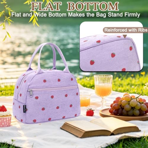 FlowFly Insulated Lunch Bag for Women – Corduroy Lunch Tote Box, Cute Cooler Bag for Work, Travel, Picnic,Corduroy Strawberries Purple