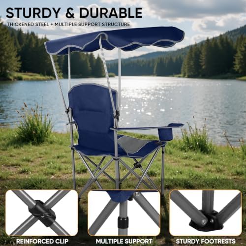 Northroad Folding Camping Chairs with Canopy Shade, Beach Chair w/Cup Holders, Armrests & Carry Bag for Outdoors Travel Sports Fishing,Dark Blue