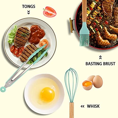MIBOTE Silicone Cooking Kitchen Utensils Set, Wooden Handle, Teal