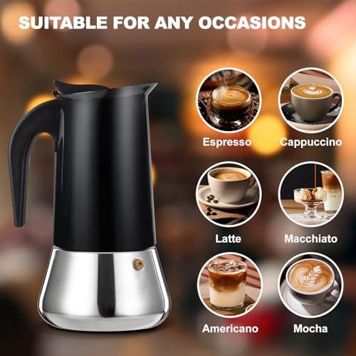 6 Cup Stovetop Espresso Maker Stainless Steel Moka Pot Stove Top Percolator Italian Coffee Makers Capable Mocha Greca Machine Cafe Classic Induction Cookers for Home and Camping 300ml 10oz