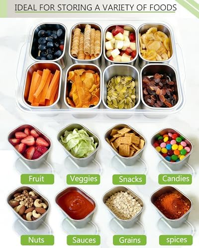 Snackle Box Container, Stainless Steel Divided Serving Tray with Lid and Handle, Large Snack Tray for Fruit Veggie Candy, 8-Compartment Snack Platter for Travel Party Beach Picnic