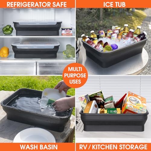 Silicone Collapsible Marinating Container with Lid for Meat, 2.64Gal/10L, Extra Large Collapsible BBQ Prep Tub, Transparent Locking Lid, XL Grill Prep Trays and Carry System, BBQ Must-Have, Black