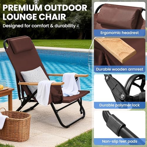 2 Pack Premium 5-Position Reclining Camping Chair - Portable Folding Lightweight Outdoor Chair with Wooden Armrests, Headrest & Pockets, 350lbs Heavy Duty for Beach, Patio, Backyard, Coffee