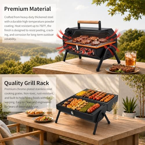 Tabletop Charcoal Grill, Portable Foldable Tabletop BBQ Grill with Dual Sided Griddle & Grill, Compact Folded Design, Thickened Body for Camping, Picnic & Outdoor Cooking