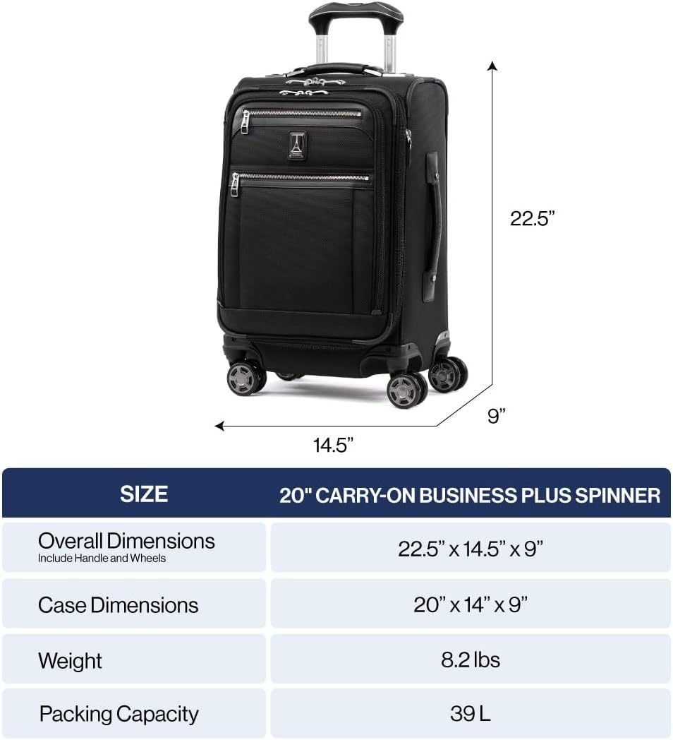 Travelpro Platinum Elite Softside Expandable Carry on Luggage, 8 Wheel Spinner Suitcase, USB Port, Laptop and Tablet Sleeves, Men and Women, Shadow Black, Carry On 20-Inch