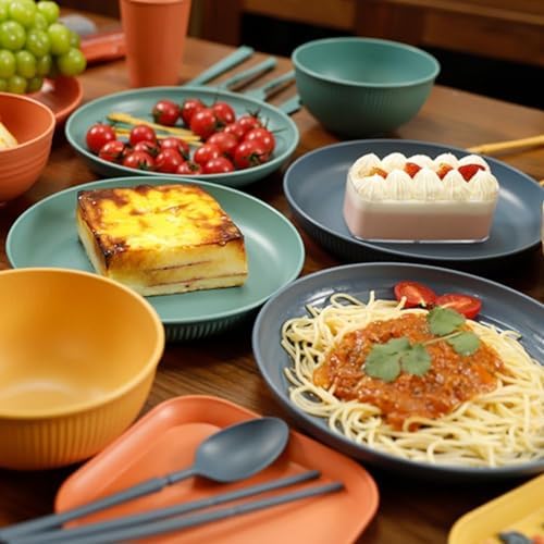 48Pcs Wheat Straw Dinnerware Sets, Unbreakable Plastic Plates and Bowls Sets, Dinner Sets for 4 People, Travel Picnic Camping Cutlery Set, Home Party Cutlery Set, Dishwasher Microwave Safe Dishes