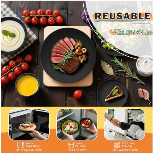 Wheat Straw Dinnerware Sets for 8, 32 PCS Unbreakable Plates and Bowls Sets, Reusable Dinnerware Set for Kitchen Outdoor and Apartment Dinning Essentials - Black