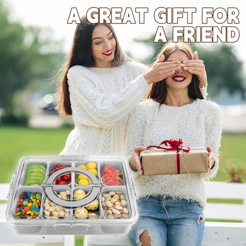 Divided Serving Tray with Lid and Handle,8 Compartments Snacks Box,Snack Fruit and Veggie Tray,Portable Platter for Candy Fruits Nuts Snack Party Entertaining Picnic (1 PCS Grey)