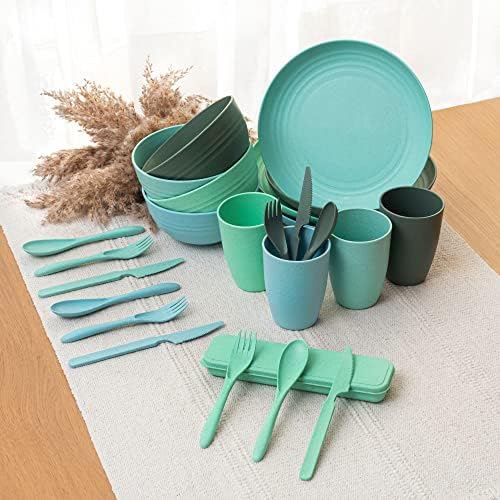 FOODLE Wheat Straw Dinnerware Set - RV, Camping, Picnic Plates Cups & Bowls