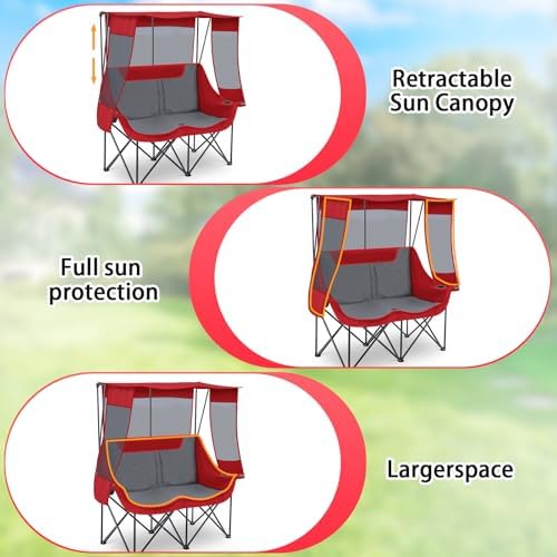 Teenyyou Double Camping Chair with Canopy 660lbs Heavy Duty, Red and Grey