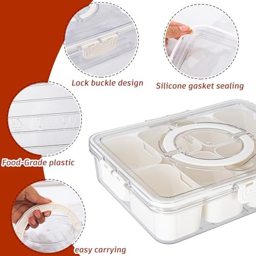 Dingerjar Divided Serving Tray with Lid and Handle - Snackle Box Charcuterie Container for Portable Snack Platters - Clear Organizer for Candy, Fruits, Nuts, Snacks - Perfect for Party, Entertaining