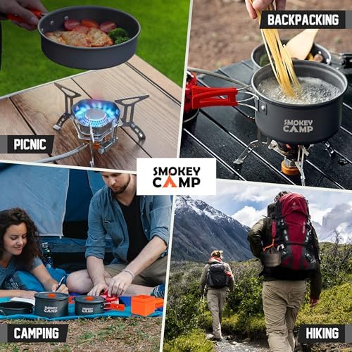 Smokey Camp Camping Cookware Mess Kit Set with Stove - Backpacking Camping Pots and Pans Set, All in One Non-Stick Camping Cooking Set, Portable Stove, Hiking, Picnic, Outdoor & Camping Cookware Set