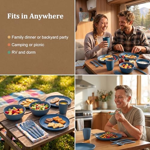 Dishes Set for 4, Unbreakable Plate and Bowl Set for 4 - Blue