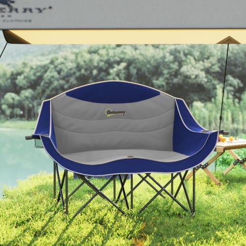 Outsunny Double Camping Chair for Adults, Padded Folding Camp Chair for 2 Person with Armrest, Wine Glass Holder, Cup Holder, Carry Bag for Outdoor Sports, Picnics, Supports up to 552 lbs.