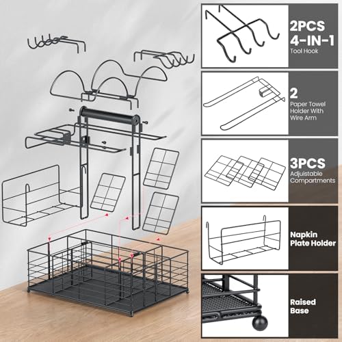 Grill Caddy for Outdoor Grill with 2 Paper Towel Holders,Barbecue Tool Sets Storage Organizer,BBQ Caddy for Outdoor Grill with 9 Compartments & 8 Hooks,Picnic Caddy Grilling Gifts for Men (16.6Inch)