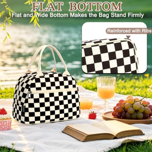 FlowFly Lunch Bag for Women Insulated Lunch Box Corduroy Lunch Tote Cooler for Travel Work Picnic,Corduroy Plaid Black
