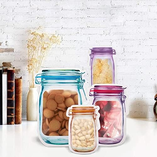 60Pcs Mason Jar Zipper Bags Reusable Snack Bags Portable Food Storage Snack Zipper Bags for Kitchen Travel Camping Picnic Organizer (15S 15M 15L 15T)