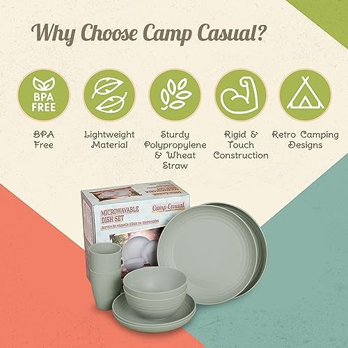 Camp Casual Camping Plates Cups and Bowls Set - 8-pc Wheat Straw Dinnerware Sets - 2 Bowls, 2 Cups, 2 Small & 2 Large Indoor/Outdoor RV Dishes - BPA Free, Dishwasher & Microwave Safe (Drift wood)