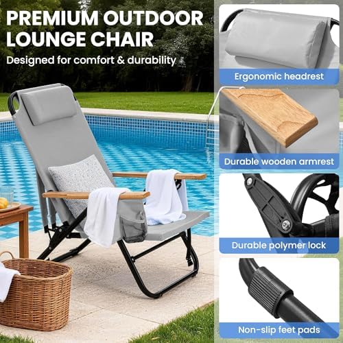 2 Pack Premium 5-Position Reclining Camping Chair - Portable Folding Lightweight Outdoor Chair with Wooden Armrests, Headrest & Pockets, 350lbs Heavy Duty for Beach, Patio, Light Grey