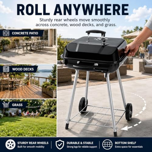 17.5 Inch Square Charcoal Grill with Wheels, Portable Outdoor BBQ Kettle