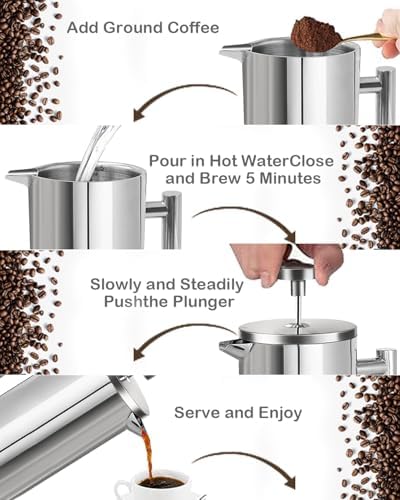 French Press Coffee Maker, Silver, 34 OZ (1 Litre)