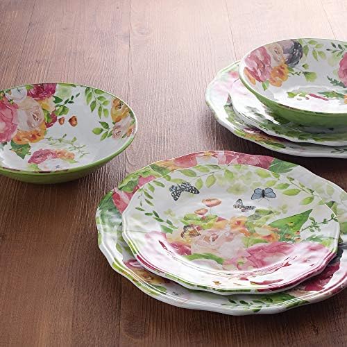 UPware 12 Piece Rose Garden Melamine Dinnerware Sets, Outdoor Dishes Set, Plates and Bowls Sets, Service for 4, Multicolor