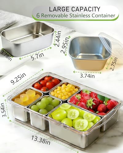 Snackle Box Container, Stainless Steel Divided Serving Tray with Lid and Handle,Large Snack Tray for Fruit Veggie, 6-Compartment Snack Platter for Travel Party Beach Picnic,with Ice Pack(Silver White)