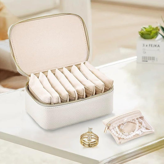 Jewelry Box Organizer for Women,Small Travel Jewelry Case,Mini Travel Jewelry Organizer with 8 Velvet Jewelry Zipper Pouches, Jewelry Box Organizer for Teacher Gifts Wedding Gifts(Off White)