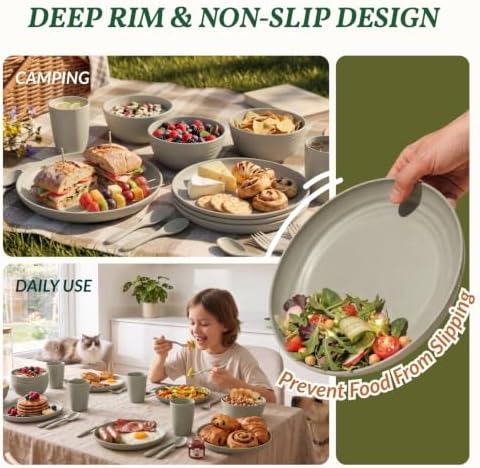 Homienly Wheat Straw Dinnerware Sets 20 PCS Unbreakable Plates and Bowls Sets Microwave Safe Camping Dish Set Kids Dinnerware Set, Kitchen, Apartment, Party, RV, Picnic, Dorm-Grey