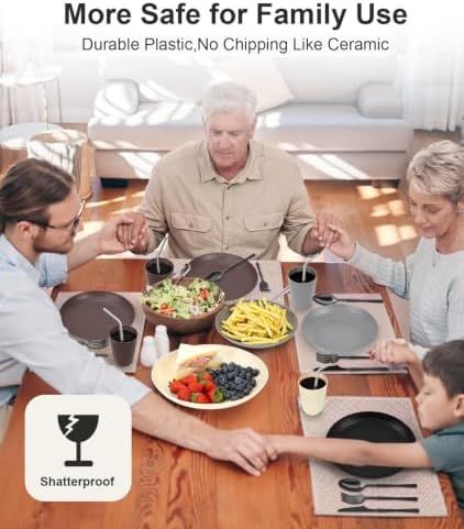 Quatish 32 Piece Plastic Plates and Bowls Sets for 4, Dinnerware Sets Brown
