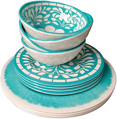 Melamine Dinnerware Sets,12Pcs Plates and Bowls Set - Green