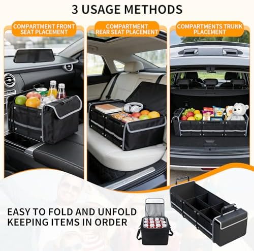 Car Trunk Organizer with Cooler Bag, Collapsible Multi-Compartment Storage Organizer for SUV Truck (Black)