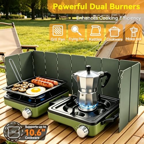 2 Burner Camping Stove with Windshield, 24000 BTU Propane Camp Stove, Portable Folding Camp Stove with Frying Pan, Coffee Stand & Carry Bag, Camping Essentials for Picnic, RV, Camp kitchen, Green