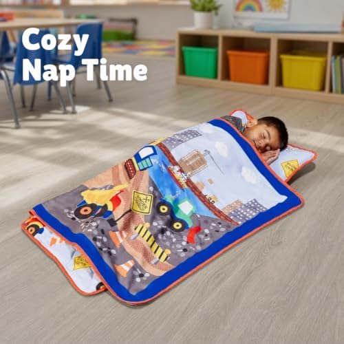 EVERYDAY KIDS Toddler Nap Mat with Removable Pillow -Under Construction- Carry Handle with Fastening Straps Closure, Rollup Design, Soft Microfiber for Preschool, Daycare, Sleeping Bag -Ages 2-6 years