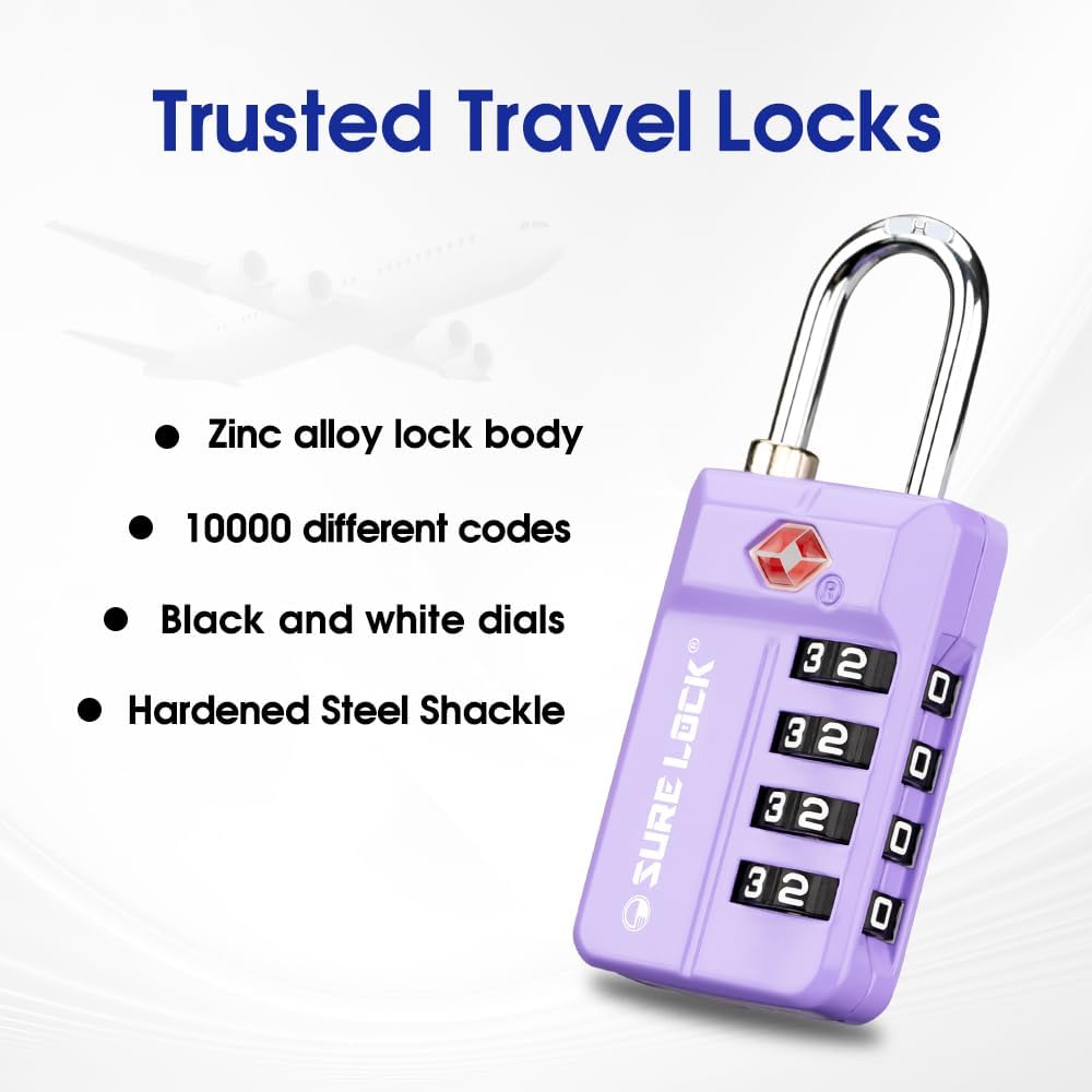 SURE LOCK TSA-Approved 4-Digit Resettable Combination Luggage Lock with Open Alert, Easy-Read Dials - for Luggage, School Lockers, Gym, Office, Toolbox & Security Cases (Purple 2 Pack)
