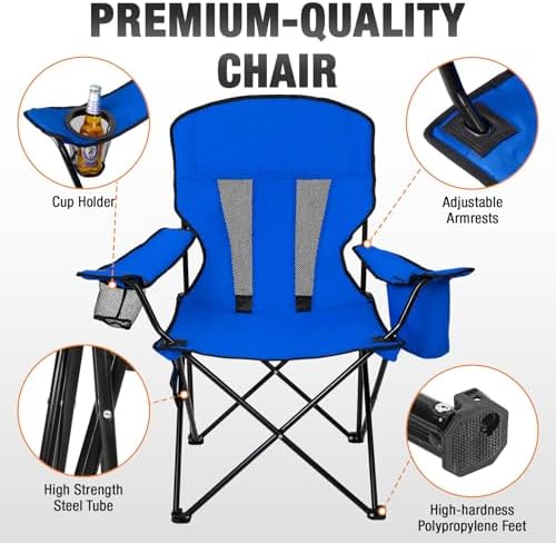 Camping Chairs for Adults 2 Pack, Folding Chair with 4-Can Cooler Bag & Cup Holder, Portable Heavy Duty Outdoor Chair with Mesh Back for Camping, Beach, Lawn, Fishing, Blue