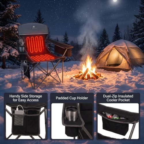 Heated Camping Chairs 2 Pack - Heavy Duty 400LBS Padded Lawn Chair with Cup Holder,Side Pocket,Collapsible for Outdoor,Camp,Fishing & Garden,Black,Battery NOT Included