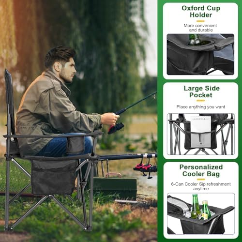Oversized Padded High Back Camping Chairs,2 Pcs Heavy Duty Folding Chairs Support 500LBS with Cooler Bag,Cup Holder Cooler Bag, Collapsible Chairs for Outdoor, Tailgate, Fishing, Black