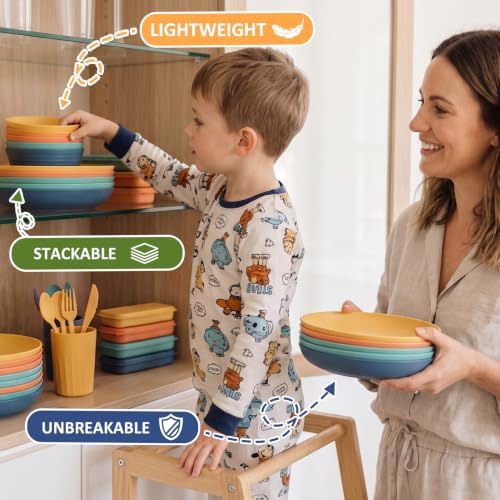 PYRMONT Wheat Straw Dinnerware Sets Unbreakable Dish Set for 4 Dishwasher & Microwave Safe Plates and Bowls Sets 28 PCS Alternative Plastic Dishes Set for Camping,Picnic,BBQ-Colorful