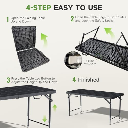 4 FT Folding Table, 3-Position Adjustable Height, Heavy Duty 400 lbs Capacity, Portable Table for Camping, Party, Indoor & Outdoor (Black Wood Grain, 10 Pack)