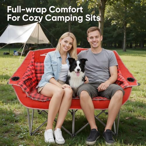 Colorsoul Double Folding Camping Chair,Fully Padded Loveseat Camping Couch,Oversized 2 Person Lawn Chair w/Cup Holder,Wine Glass Holder,Mesh Storage for Patio Picnic Beach,Support 600lbs,Red Plaid