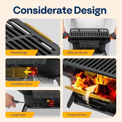 VIVOHOME Rectangle Cast Iron Charcoal Grill with Double-Sided Grate