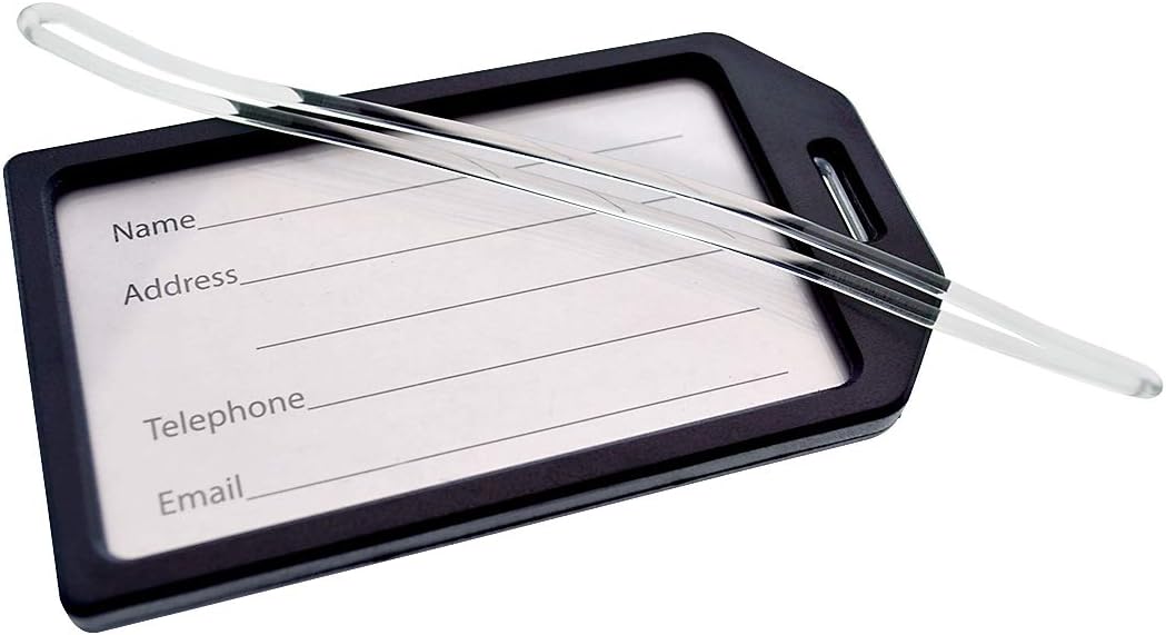 5 Pack - Premium Rigid Airline Luggage Tag Holders with 6" Worm Loops - Heavy Duty Hard Plastic -Suitcase ID Tag Identifiers with Business Card Insert Window by Specialist ID (Black)