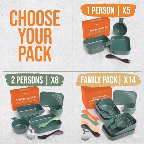 Camping Mess Kit with Plate, Bowl, Cup, Spork and Utensils, Reusable Plastic Camping Dinnerware Set, Lightweight BPA Free Dishware for Backpacking, Hiking, Picnic, Travel, Outdoor