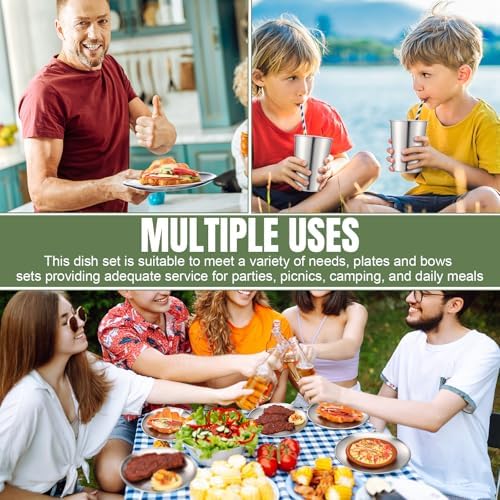 Jinei 42 Pcs 304 Stainless Steel Dinnerware Set 10 Inch 7 Inch Stainless Steel Plates Bowls Cups Forks Spoons and Knives Sets Reusable Metal Camping Dinnerware for Home Outdoor Picnic Kitchen